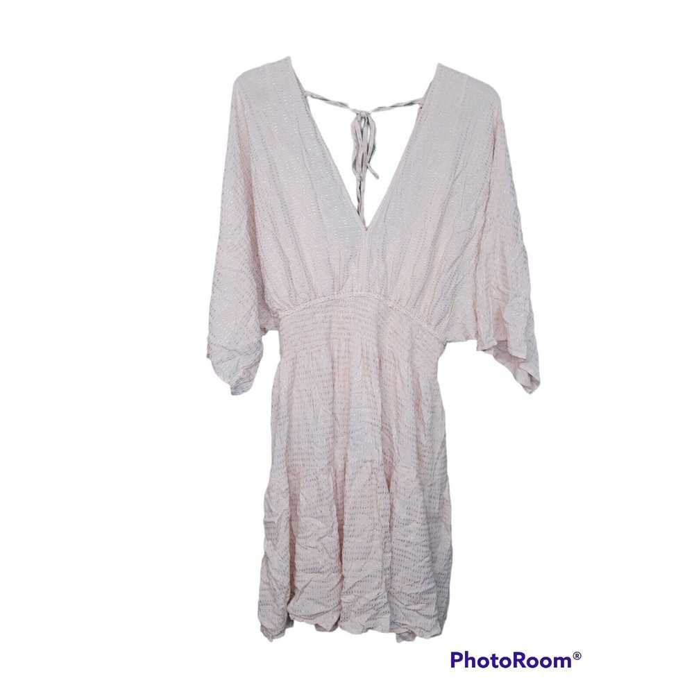 Love Stitch Women's SZ M Flowy Dress Plunge V Neck Pink Lined Elastic Waist New